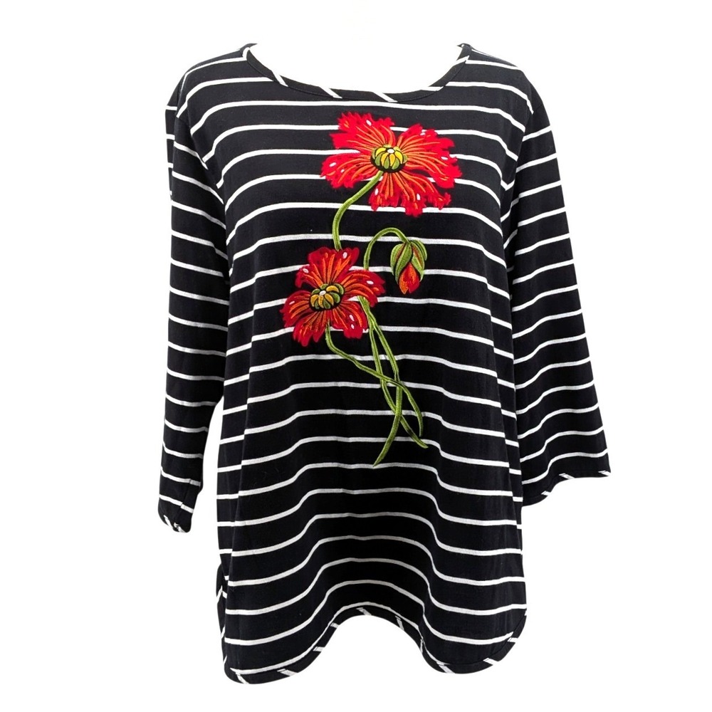 Embroidered Floral Tunic Black White Stripe 3/4 Sleeve Cotton Bob Mackie XL